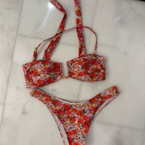 Monday Swimwear Red Floral Bikini Set Size Medium